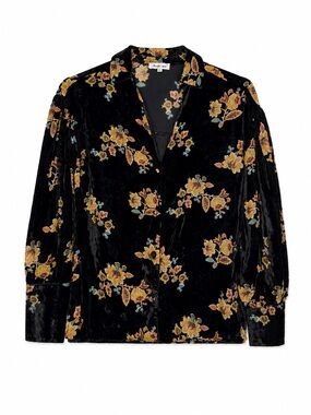 Another Love Women’s Small Black Floral Velvet Button Front Blouse